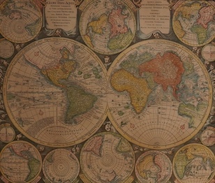 Two decorative maps comprising, after Matthew Seutter, double hemisphere world map and a similar example after G. Valk, 44 x 51cm. Condition - good